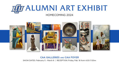 ALUMNI ART EXHIBIT  HOMECOMING 2024  CAA GALLERIES AND CAA FOYER  SHOW DATES: February 5 - March 8 | RECEPTION: Friday, Feb. 16  from 4:00-7:00pm