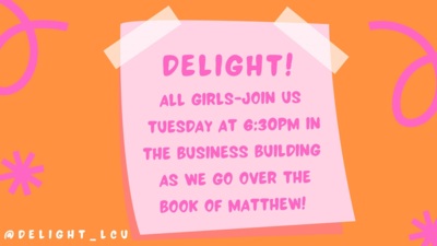  ALL GIRLS-JOIN US TUESDAY AT 6:30PM IN THE BUSINESS BUILDING AS WE GO OVER THE BOOK OF MATTHEW!