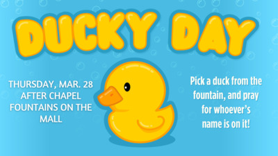  Ducky Day is back! Next Thursday, March 28th, after chapel. By the fountains on the mall. Pick a duck from the fountain and pray for whoever's name is on it!