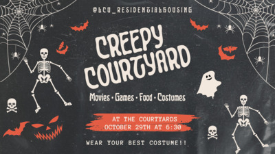 Creepy Courtyard on October 29th at 630pm Held in the courtyards behind Katie Rogers. There will be food, games, and movies. Wear your best costume and come hang out