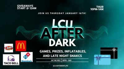 Join us Thursday January 16th in the Rec from 10pm  1am for games, prizes, inflatables, and latenight snacks Giveaways will start at midnight 