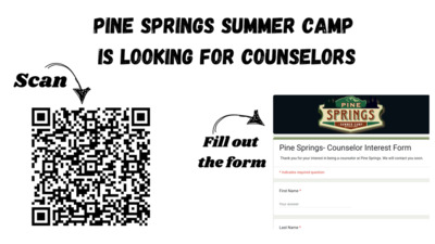  PINE SPRINGS SUMMER CAMP IS LOOKING FOR COUNSELORS Scan Fill out the form PINE SPRINGS  SUNYER Pine Springs Counselor Interest Form Thank you for your interest in being a counselor at Pine Springs. We will contact you soon.  Indicates required question First Name Your answer Last Name