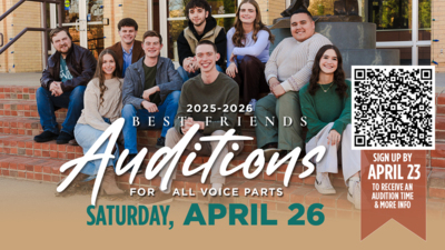 20252026 Best Friends Auditions for all Voice Parts
Sign up by April 23 to receive an audition time and more information.
Auditions will be held on Saturday, April 26.