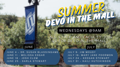 June 4th  Dr. Susan Blassingame 
June 11th  Melissa Edgar
June 18th  Josh Clem
June 25th  Darla Stewart
July 9th  Jim Moudy
July 16th  Mary Jane Poormon
July 23rd  Keegan Stewart
July 30th  Kaili Hutchinson
