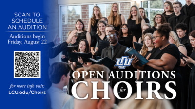 OPEN AUDITIONS for CHOIRS

Scan the QR Code to Schedule an Audition 

Auditions begin Friday, August 22 

For more info visit LCU.eduChoirs 