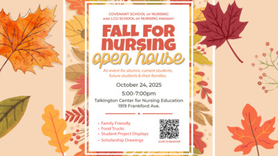 LCU School of Nursing Fall Event COVENANT SCHOOL OF NURSING AND LCU SCHOOL OF NURSING PRESENT FALL FOR NURSING An event for alumni, current students, future students their families. October 24, 2025 Talkington Center for Nursing Education 1919 Frankford Ave. Family Friendly Food Trucks Student Project Displays Scholarship Drawings SCAN TO REGISTER