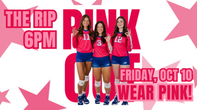 Pink Out Friday, October 10th
Womens volleyball is playing in The Rip for their Pink Out game.
Wear Pink and sit in the Student Section to win prizes