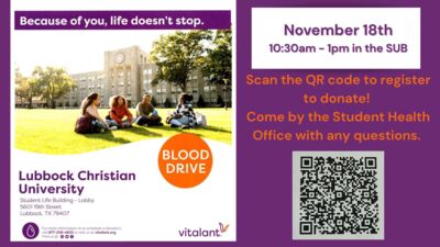 Blood drive Come donate November 18th 1030am 1pm in the SUB Scan the QR code to register to donate Come by the Student Health Office with any questions.