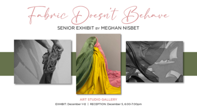 Meghan Nisbet Art Exhibit Fabric Doesnt Behave
SENIOR EXHIBIT BY MEGHAN NISBET
ART STUDIO GALLERY
EXHIBIT December 112 RECEPTION December 5,