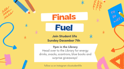 Finals Fuel Join Student life Sunday December 7th 9pm in the Library Head over  for energy drinks, snacks, scantrons, blue books and surprise giveaways follow us on Instagram lcustudentlife