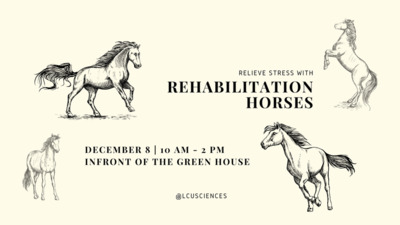  RELIEVE STRESS WITH REHABILITATION HORSES DECEMBER 8  10 AM 2 PM INFRONT OF THE GREEN HOUSE LCUSCIENCES