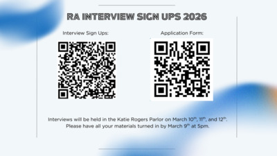 Do you want to be an RA next year Sign up for an interview in the SUB or at your resident halls front desk. Interviews will be March 1012. Contact Abby Williams if you have any questions or concerns. 