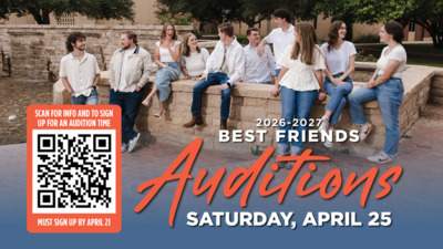 Best Friends Auditions 20262027 Best Friends Auditions
Saturday, April 25
QR Code
Scan for info and to sign up for an audition time.
Must sign up by April 21