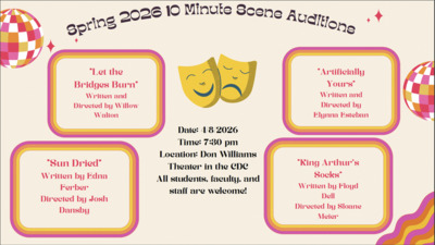 Open Auditions for 10-Minute Scenes Spring 2026 10 Minute Scene Auditions Let the Bridges Burn Written and Directed by Willow Walton Sun Dried Written by Edna Ferber Directed by Josh Dansby 10 Minute Scene Date 8 2026 Time 730 pm Location Don Williams Theater in the CDC All students, Faculty and staff are welcome Artificially Yours Written and Directed by Elynna Esteban King Arthurs Socks Written by Floyd Dell Directed by Sloane Meier