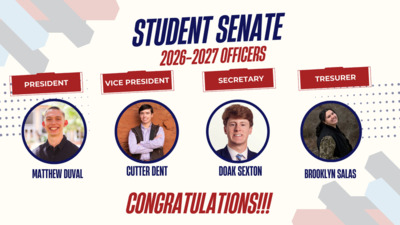 Senate Officers 
The executive officers for 20262027 are

President Matthew Duvall
Treasurer Brooklyn Salas
Vice Pres Cutter Dent
Secretary Doak Sexton
