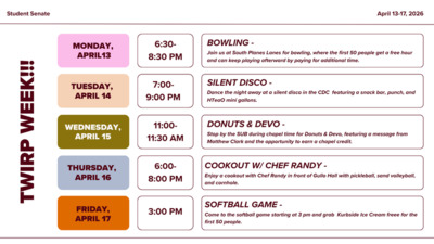 TWIRP WEEK!! Student Senate April 1317, 2026 MONDAY, APRIL13 TUESDAY, APRIL 14 WEDNESDAY, APRIL THURSDAY, APRIL 16 FRIDAY, APRIL 17 630 830 PM 700 900 PM 1100 1130 AM 600 800 PM 300 PM BOWLING Join us at South Planes Lanes for bowling, where the first 50 people get a free hour and can keep playing afterward by paying for additional time. SILENT DISCO Dance the night away at a silent disco in the CDC featuring a snack bar, punch, and HTeaO mini gallons. DONUTS amp DEVO Stop by the SUB during chapel time for Donuts amp Devo, featuring a message from Matthew Clark and the opportunity to earn a chapel credit. COOKOUT W CHEF RANDY Enjoy a cookout with Chef Randy in front of Gullo Hall with pickleball, sand volleyball, and cornhole. SOFTBALL GAME Come to the softball game starting at 3 pm and grab Kurbside Ice Cream freee for the first 50 people.
