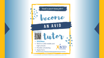 Lubbock ISD AVID Tutors Become AN AVID Scan below 15Hour Work in LISD middle and high schools Flexible scheduling
Apply here Proven Achevement. Litelong MvMtage. httpssites.google.comlubbockisd.orglubbockisdavidtutorsbecomeanavidtutor
For more information, contact Elizabeth at elizabeth.robertsonlubbockisd.org 8062523736
