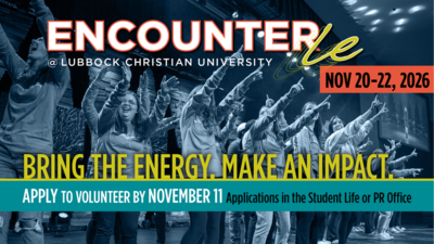 Bring the Energy. Make an Impact.
Volunteer for Encounter LE November 2022, 2026
APPLY BY NOVEMBER 11
Applications are in the Student Life or PR Office