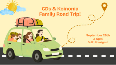CD's & Koinonia Family Road Trip Mixer CDs and Koinonia invite you to pack your bags and hit the road with us for a fun time of games, fellowship, and family Meet us at the Gullo courtyard at 3pm and we will party until 5pm See you there