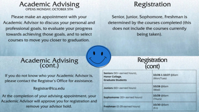  Academic Advising OPENS MONDAY, OCTOBER 5TH Please make an appointment with your Academic Advisor to discuss your personal and professional goals, to evaluate your progress towards achieving those goals, and to select courses to move you closer to graduation. Academic Advising cont. If you do not know who your Academic Advisor is, please contact the Registrars Office for assistance. Registrarlcu.edu At the completion of your advising appointment, your Academic Advisor will approve you for registration and remove your advisor hold. Registration Senior, Junior, Sophomore, Freshman is determined by the courses completed this does not include the courses currently being taken. Registration cont Seniors 90 earned hours, 1026 amp 1027 8am Honor College, Mon Tues Graduate Students 1028 8am Juniors 60 earned hours Wed 1029 8am Sophomores 30 earned hours Thurs 1030 8am Freshman 029 earned hours Fri