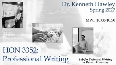 This spring, Dr. Kenneth Hawleys HON 3352 Professional Writing MWF 10001050 AM will cover communication in the world of work and academic writing for professional presentationsit will sub for Technical Writing or Research Writing.