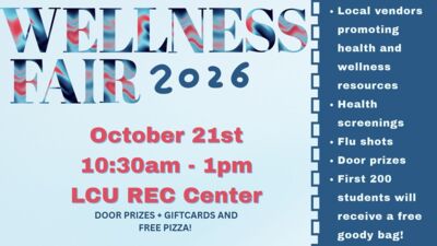 Annual Wellness Fair is next Wednesday, Oct. 21st Come meet local vendors advocating for mental, physical, and spiritual health as well as door prizes and free pizza 
