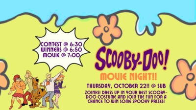Halloween Movie Night Join student senate for a halloween themed movie night. We will have a Scooby doo themed costume contest with prizes for best solo and group Candy and drinks will be provided but feel free to bring your own blankets