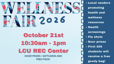 The wellness fair is this Wednesday Oct 21 This is in the REC from 10301. Come explore local vendors promoting mental, spiritual, and physical health. There will be door prizes, free pizza, and the first 200 students will receive a goody bag